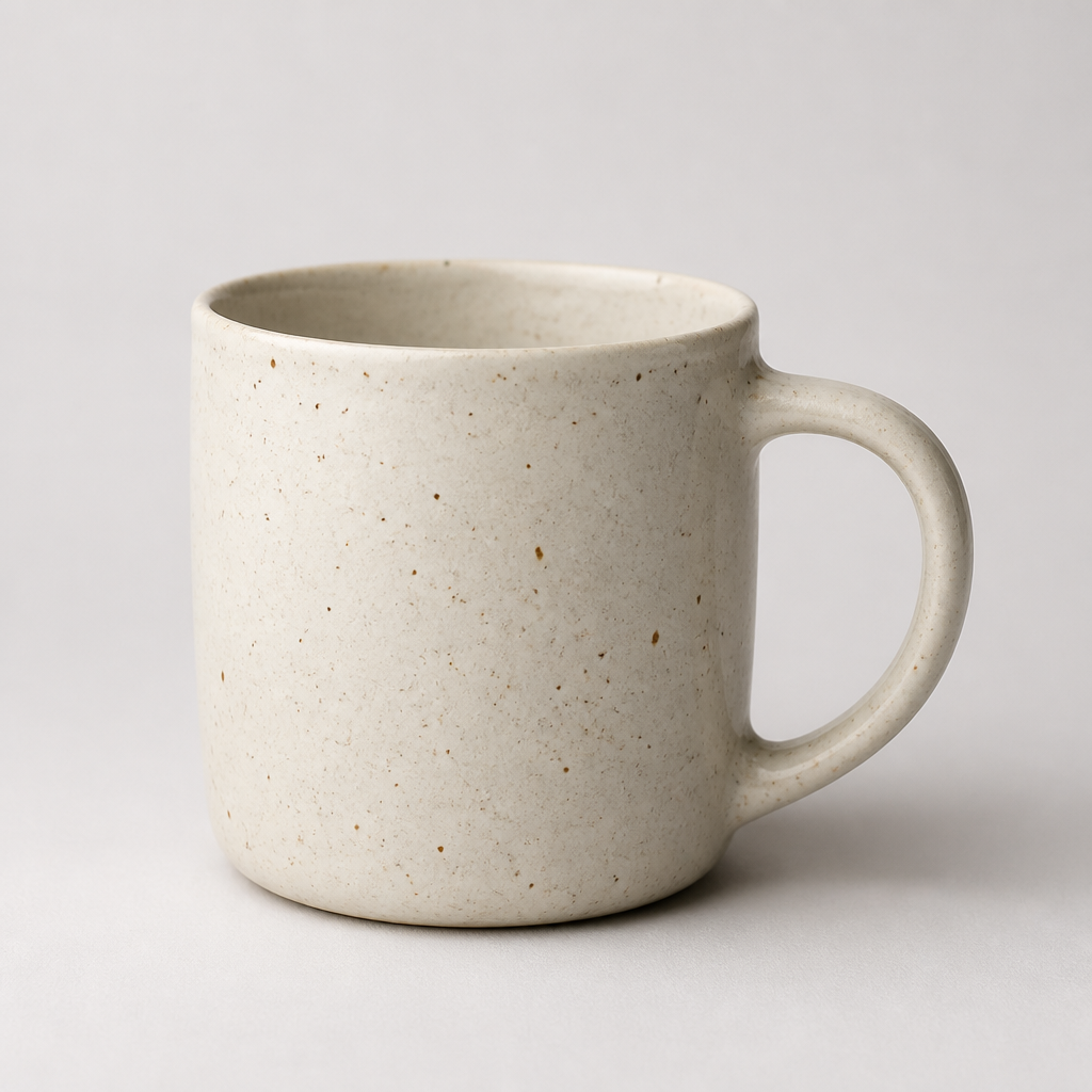 Handmade off-white ceramic coffee mug, front three-quarter hero packshot on a seamless studio background